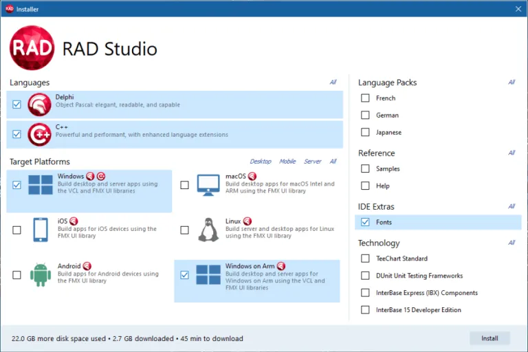 RAD Studio installer showing Windows on Arm as a target option